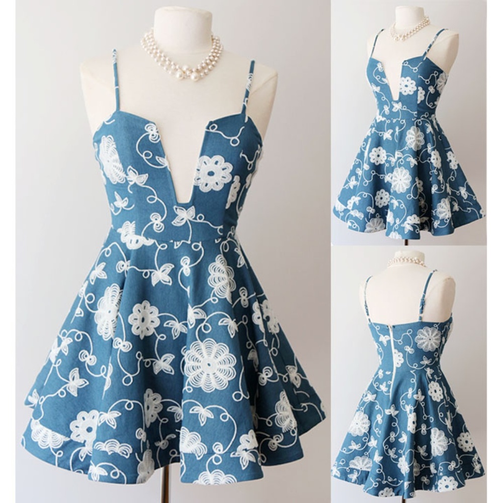 Last✌️ Blue Floral Embroidered Plunge Skater Dress